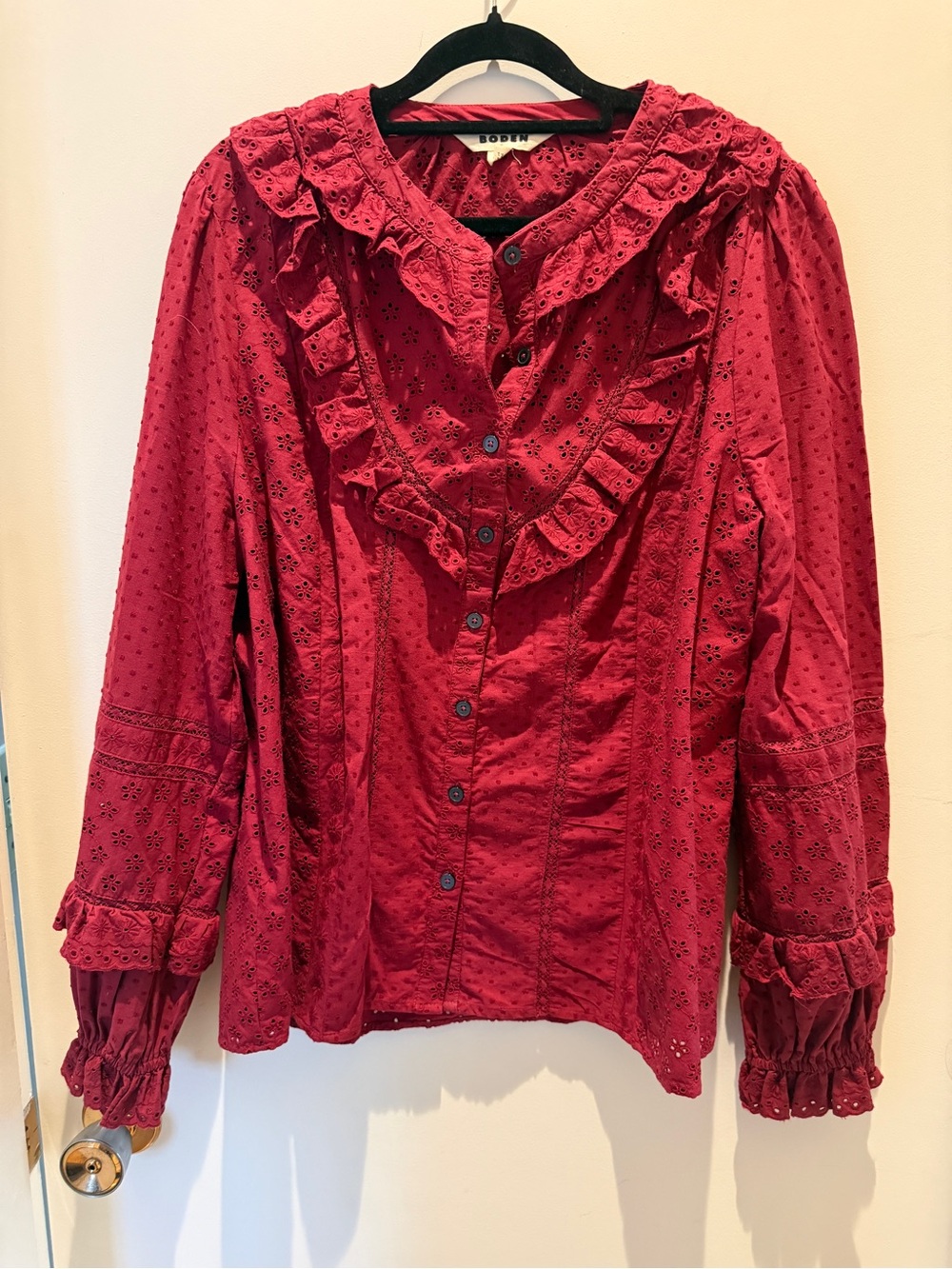 Boden Red Eyelet Cotton Ruffle Blouse US 14 UK 18 Romantic Boho Prairie